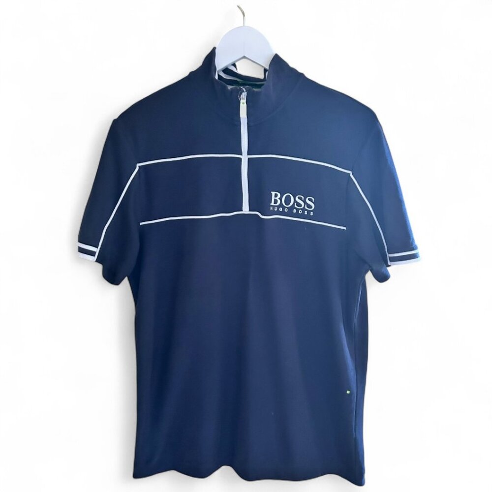 BOSS Hugo Boss Navy Blue Men's Quarter-Zip Stand Collar Polo | Size M